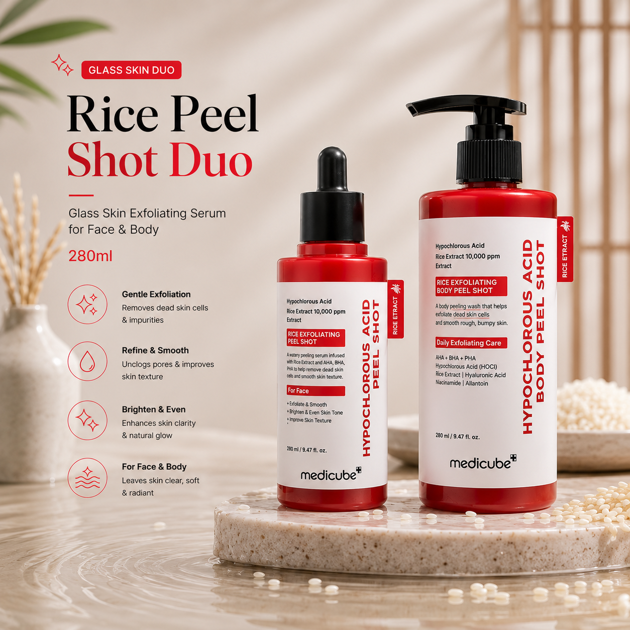 Rice Peel Shot Duo – Glass Skin Exfoliating Serum for Face & Body